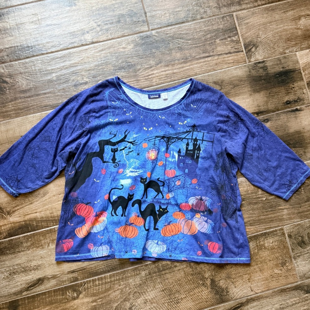 Basic Editions Women Whimsy Black Cat Studded Halloween 3/4 Shirt, Blue, 3X